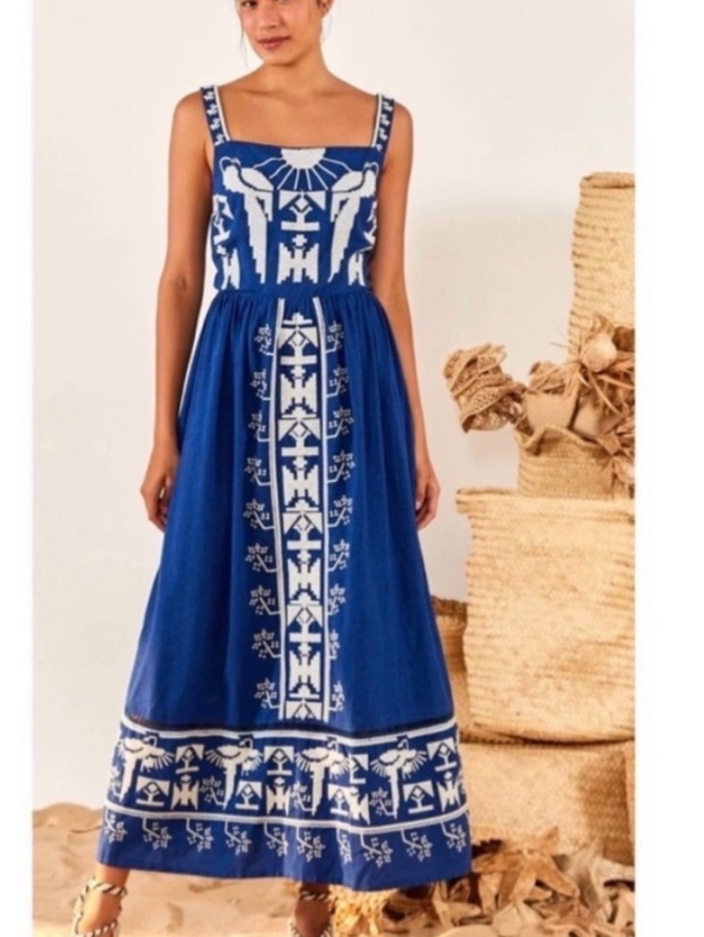 FARM Rio Blue Maxi Dress with White Folk Embroidery